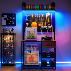 English Elm 3D Printer Workstation with Pegboard Filament Racks LED Lighting and Power Strip W3190P507012