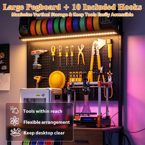 English Elm 3D Printer Workstation with Pegboard Filament Racks LED Lighting and Power Strip W3190P507012