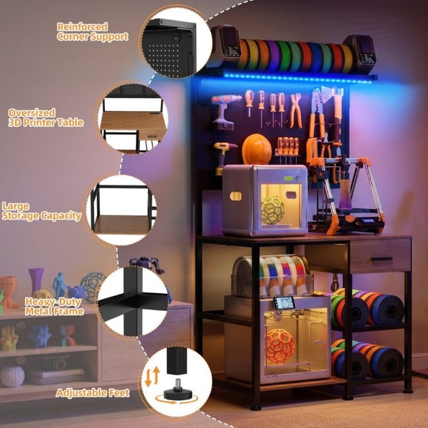 English Elm 3D Printer Workstation with Pegboard Filament Racks LED Lighting and Power Strip W3190P507012