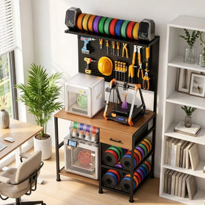 English Elm 3D Printer Workstation with Filament Rack Pegboard Drawers and Integrated Charging Hub W3190P507014