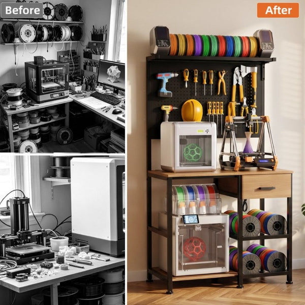 English Elm 3D Printer Workstation with Filament Rack Pegboard Drawers and Integrated Charging Hub W3190P507014