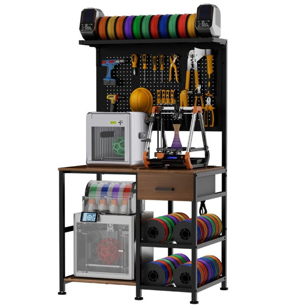 English Elm 3D Printer Workstation with Filament Rack Pegboard Drawers and Integrated Charging Hub W3190P507014