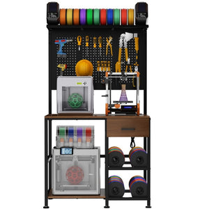 English Elm 3D Printer Workstation with Filament Rack Pegboard Drawers and Integrated Charging Hub W3190P507014