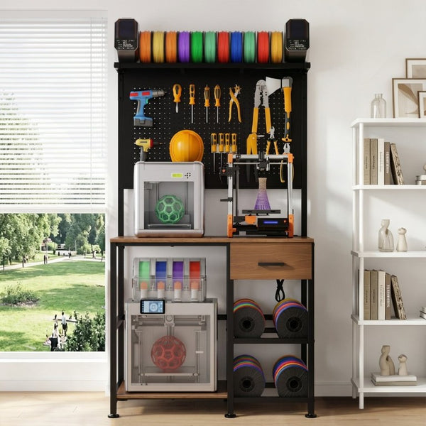 English Elm 3D Printer Workstation with Filament Rack Pegboard Drawers and Integrated Charging Hub W3190P507014