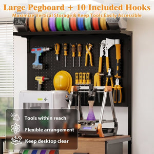 English Elm 3D Printer Workstation with Filament Rack Pegboard Drawers and Integrated Charging Hub W3190P507014