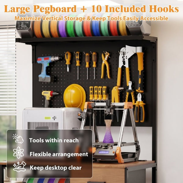 English Elm 3D Printer Workstation with Filament Rack Pegboard Drawers and Integrated Charging Hub W3190P507014