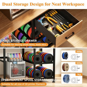 English Elm 3D Printer Workstation with Filament Rack Pegboard Drawers and Integrated Charging Hub W3190P507014