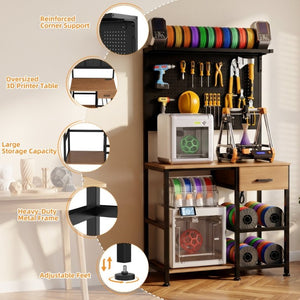 English Elm 3D Printer Workstation with Filament Rack Pegboard Drawers and Integrated Charging Hub W3190P507014