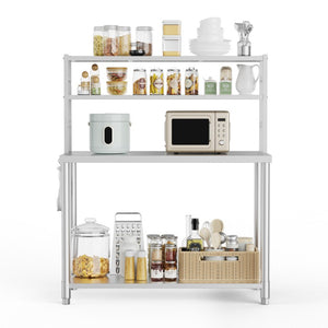 English Elm Stainless Steel Commercial Prep Table with Two Tier Overshelves and Side Hooks W3190P510550