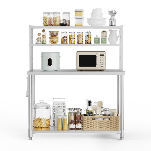 English Elm Stainless Steel Commercial Prep Table with Two Tier Overshelves and Side Hooks W3190P510550