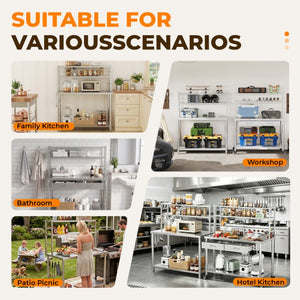 English Elm Stainless Steel Commercial Prep Table with Two Tier Overshelves and Side Hooks W3190P510550