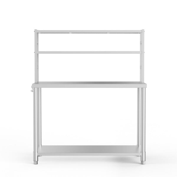 English Elm Stainless Steel Commercial Prep Table with Two Tier Overshelves and Side Hooks W3190P510550