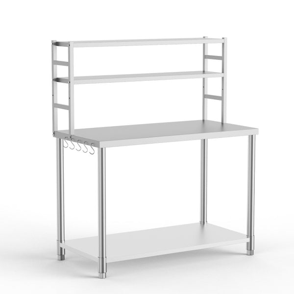 English Elm Stainless Steel Commercial Prep Table with Two Tier Overshelves and Side Hooks W3190P510550