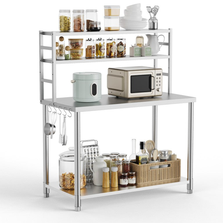 English Elm Stainless Steel Commercial Prep Table with Two Tier Overshelves and Side Hooks W3190P510550