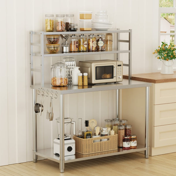 English Elm Stainless Steel Commercial Prep Table with Two Tier Overshelves and Side Hooks W3190P510550