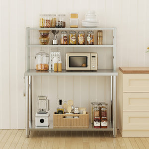 English Elm Stainless Steel Commercial Prep Table with Two Tier Overshelves and Side Hooks W3190P510550
