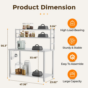 English Elm Stainless Steel Commercial Prep Table with Two Tier Overshelves and Side Hooks W3190P510550