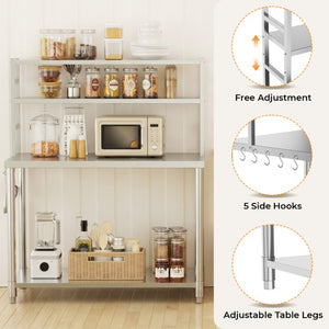 English Elm Stainless Steel Commercial Prep Table with Two Tier Overshelves and Side Hooks W3190P510550