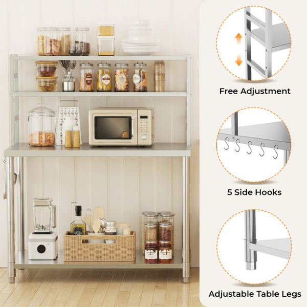 English Elm Stainless Steel Commercial Prep Table with Two Tier Overshelves and Side Hooks W3190P510550