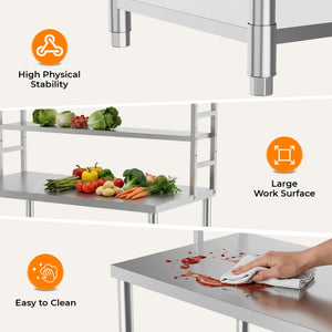 English Elm Stainless Steel Commercial Prep Table with Two Tier Overshelves and Side Hooks W3190P510550