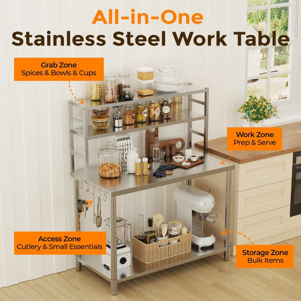 English Elm Stainless Steel Commercial Prep Table with Two Tier Overshelves and Side Hooks W3190P510550