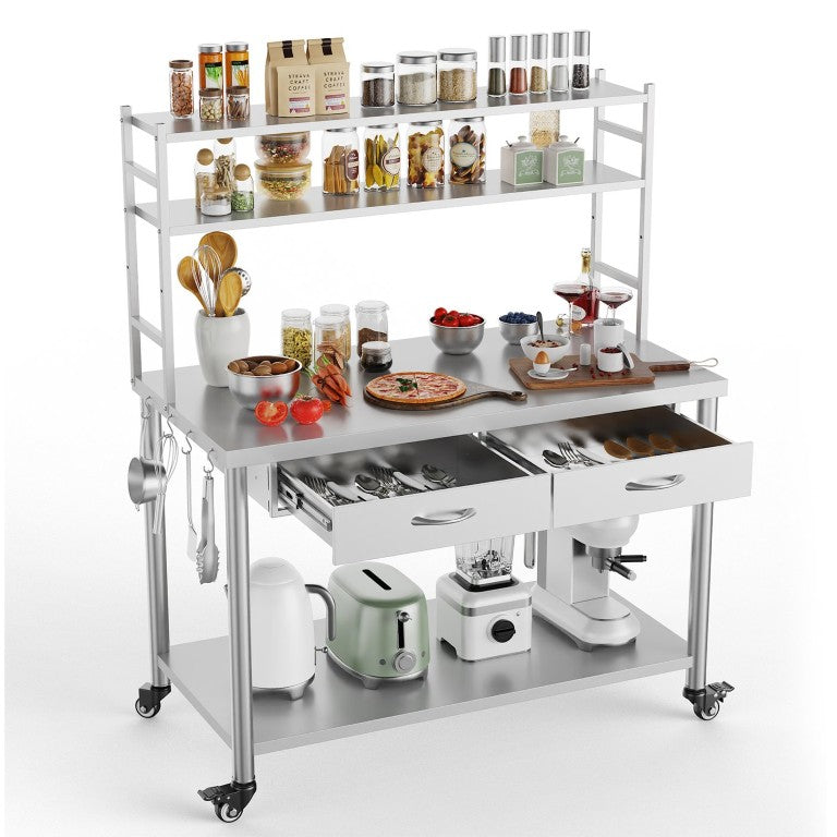 English Elm Stainless Steel Heavy Duty Prep Table with Overshelves Drawer and Locking Casters W3190P510556