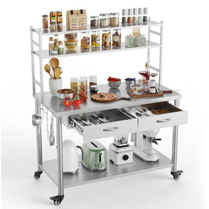 English Elm Stainless Steel Heavy Duty Prep Table with Overshelves Drawer and Locking Casters W3190P510556