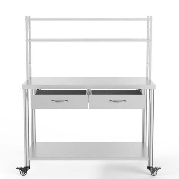 English Elm Stainless Steel Heavy Duty Prep Table with Overshelves Drawer and Locking Casters W3190P510556