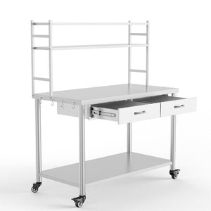 English Elm Stainless Steel Heavy Duty Prep Table with Overshelves Drawer and Locking Casters W3190P510556