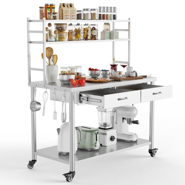 English Elm Stainless Steel Heavy Duty Prep Table with Overshelves Drawer and Locking Casters W3190P510556