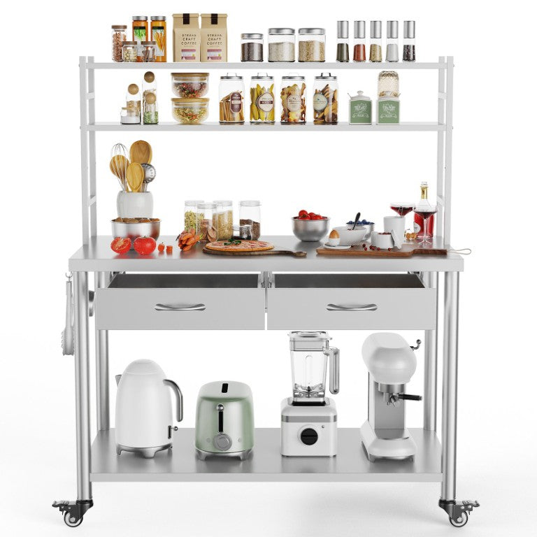 English Elm Stainless Steel Heavy Duty Prep Table with Overshelves Drawer and Locking Casters W3190P510556