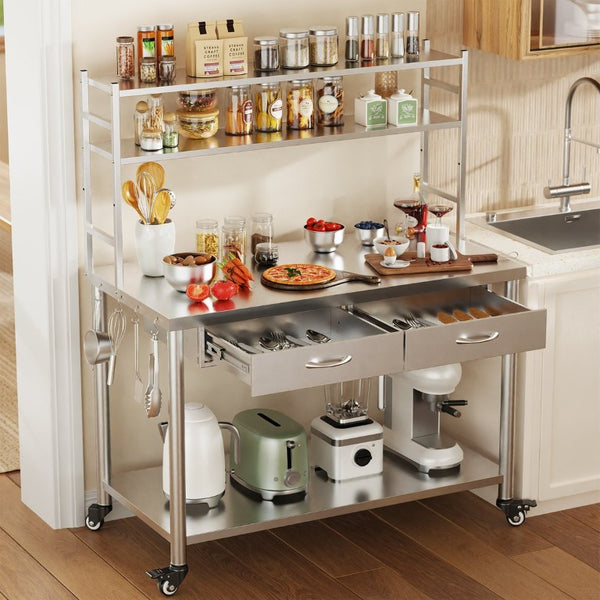 English Elm Stainless Steel Heavy Duty Prep Table with Overshelves Drawer and Locking Casters W3190P510556