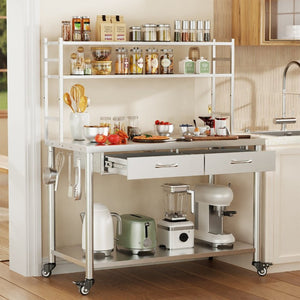 English Elm Stainless Steel Heavy Duty Prep Table with Overshelves Drawer and Locking Casters W3190P510556