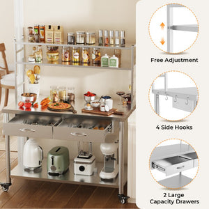 English Elm Stainless Steel Heavy Duty Prep Table with Overshelves Drawer and Locking Casters W3190P510556