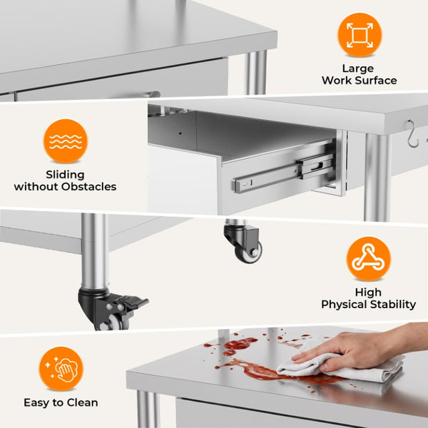 English Elm Stainless Steel Heavy Duty Prep Table with Overshelves Drawer and Locking Casters W3190P510556
