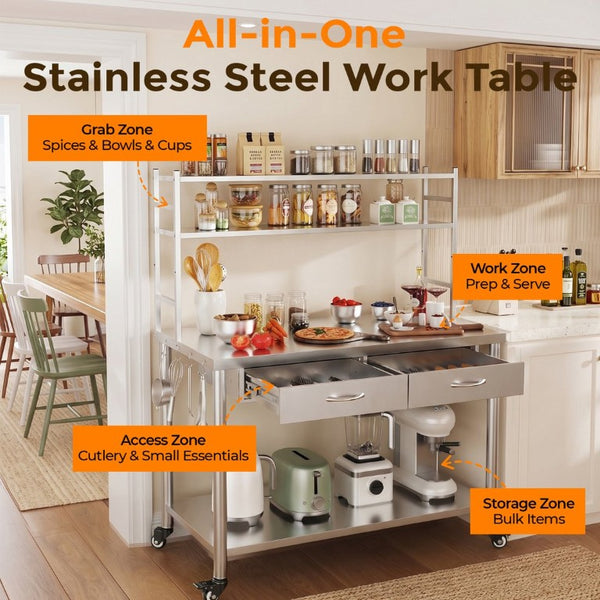 English Elm Stainless Steel Heavy Duty Prep Table with Overshelves Drawer and Locking Casters W3190P510556