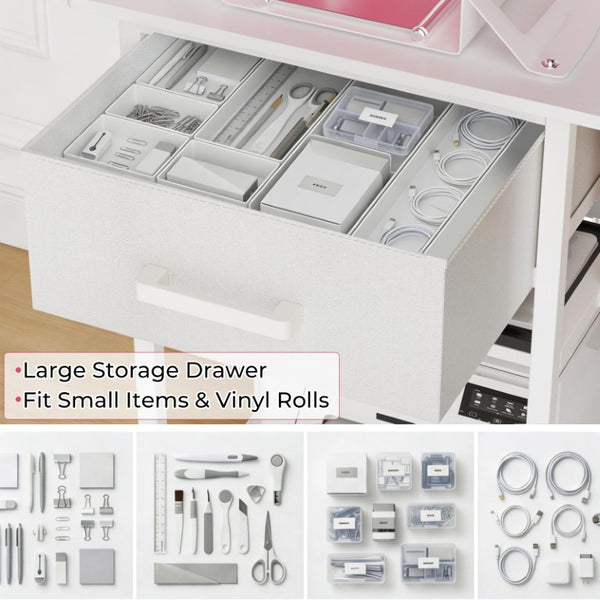 English Elm Large Metal Sublimation Workstation Cart with Charging Station Vinyl Roll Storage Drawer W3190P528352