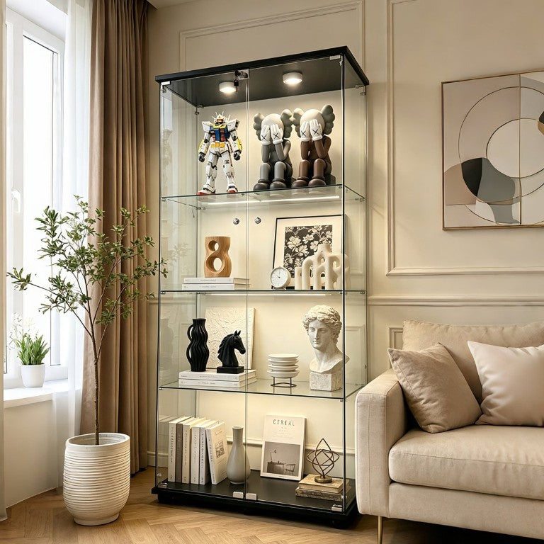 English Elm 4-Tier Tempered Glass Curio Cabinet with LED Lighting and Locking Doors for Any Room W3190S00005