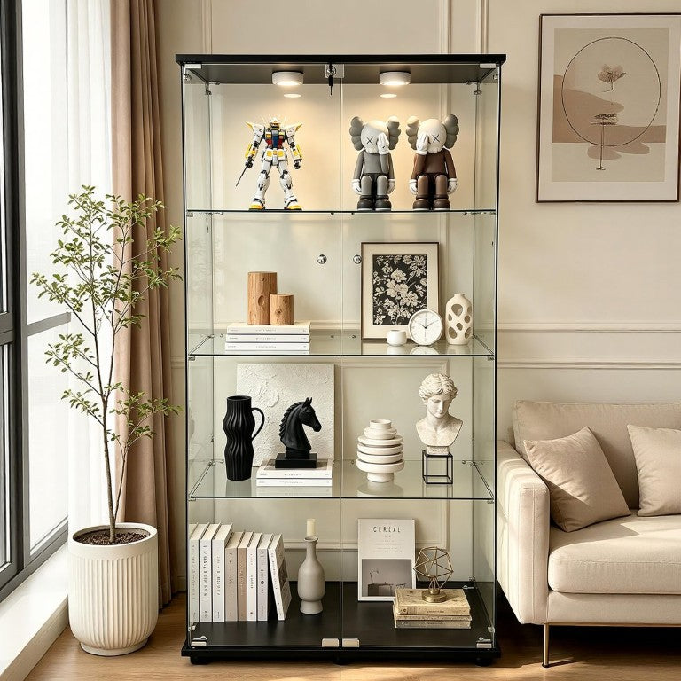 English Elm 4-Tier Tempered Glass Curio Cabinet with LED Lighting and Locking Doors for Any Room W3190S00005