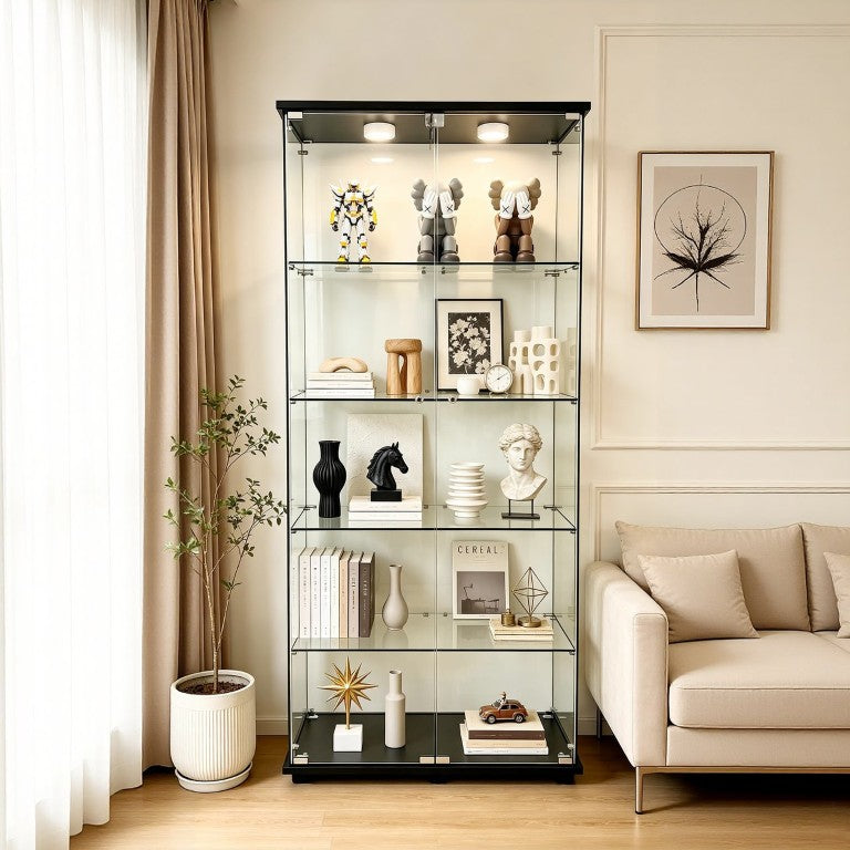 English Elm 5-Tier Glass Curio Cabinet with LED Lighting Lockable Doors Matte Black Frame W3190S00007