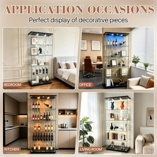 English Elm 5-Tier Glass Curio Cabinet with LED Lighting Lockable Doors Matte Black Frame W3190S00007