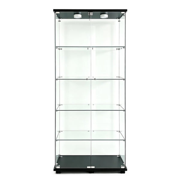 English Elm 5-Tier Glass Curio Cabinet with LED Lighting Lockable Doors Matte Black Frame W3190S00007