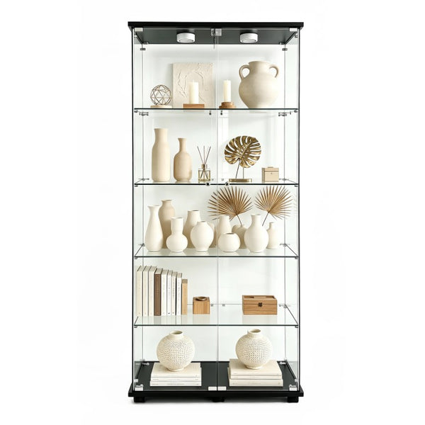 English Elm 5-Tier Glass Curio Cabinet with LED Lighting Lockable Doors Matte Black Frame W3190S00007