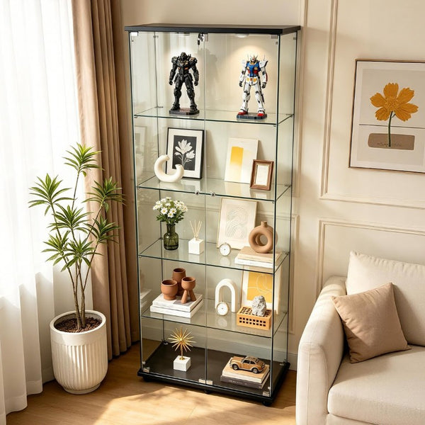 English Elm 5-Tier Glass Curio Cabinet with LED Lighting Lockable Doors Matte Black Frame W3190S00007
