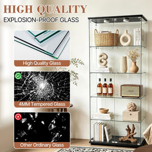 English Elm 5-Tier Glass Curio Cabinet with LED Lighting Lockable Doors Matte Black Frame W3190S00007