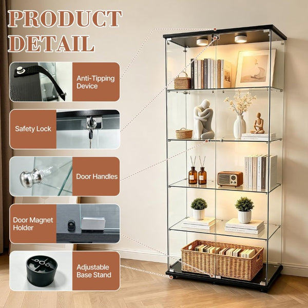 English Elm 5-Tier Glass Curio Cabinet with LED Lighting Lockable Doors Matte Black Frame W3190S00007