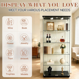 English Elm 5-Tier Glass Curio Cabinet with LED Lighting Lockable Doors Matte Black Frame W3190S00007