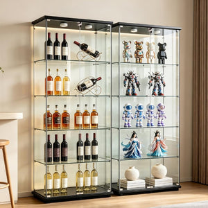 English Elm 5-Tier Glass Curio Cabinet with LED Lighting Lockable Doors Matte Black Frame W3190S00007