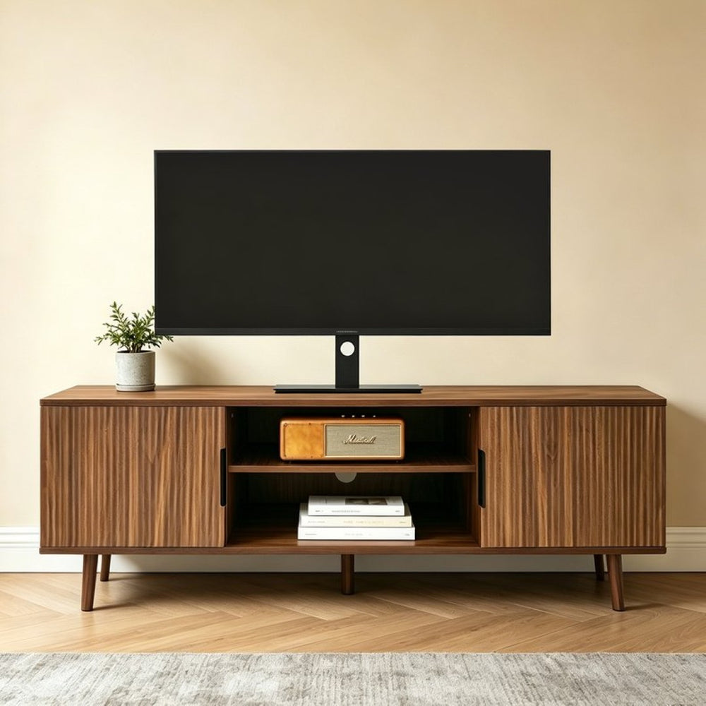 English Elm Fluted Walnut Tv Stand Mid Century Modern Console with Open Shelving for Living Room W3204P469395