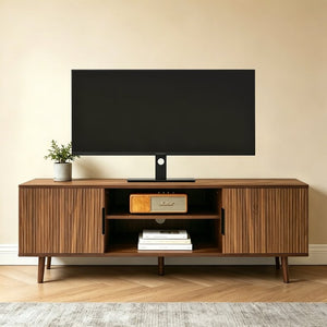 English Elm Fluted Walnut Tv Stand Mid Century Modern Console with Open Shelving for Living Room W3204P469395
